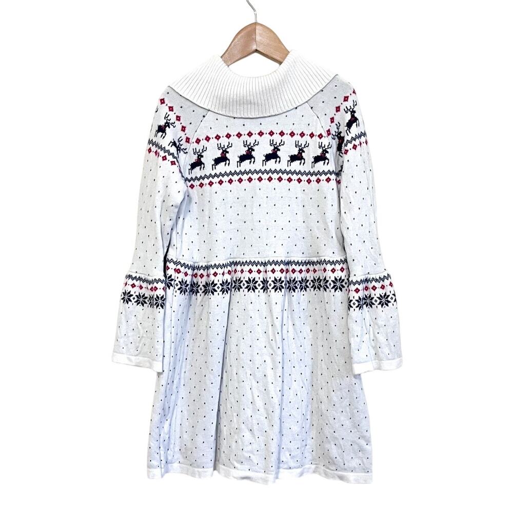 Janie and Jack Reindeer Christmas Girls Sweater Dress Size 7 Nordic‎ Holiday